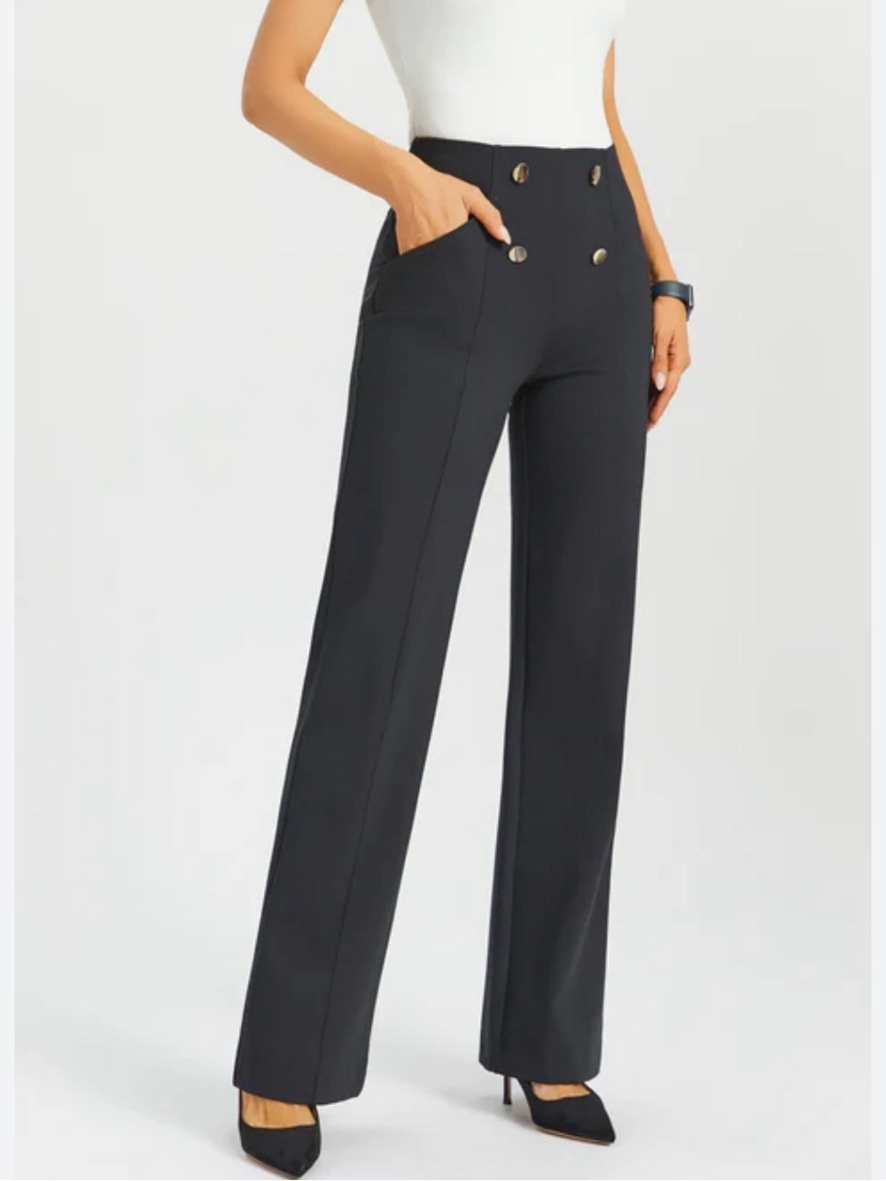 Betabrand Atlantic DPYP High Rise Wide Leg Black Nautical Minimalist Pant MP